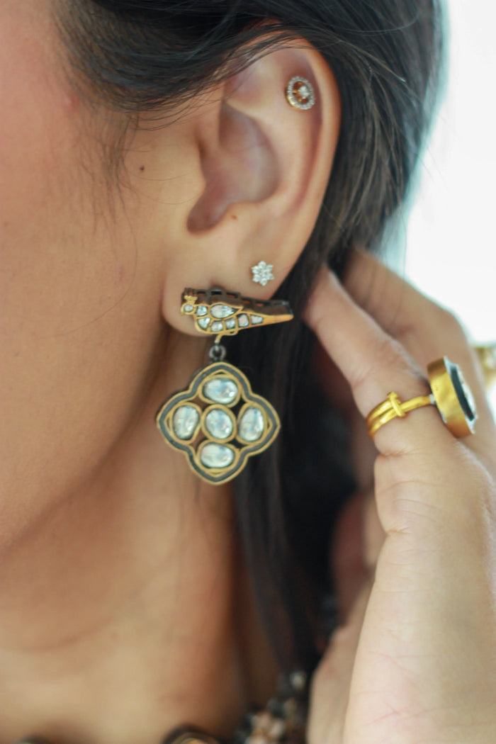 Antique Kundan Drop Earrings | Oxidized Gold-Plated Uncut Glass Heritage Earringsfrom Dori