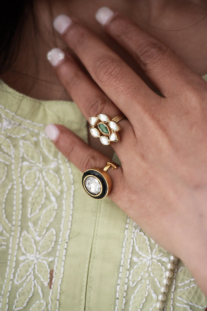 Black Enamel Kundan Ring | Gold-Plated Adjustable Statement Ringfrom Dori