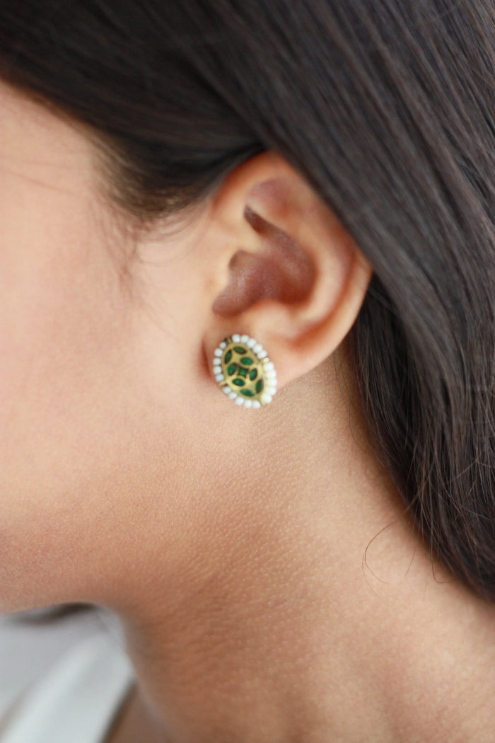 Green Meenakari Pearl Studs | Gold-Plated Enamel Heritage Earringsfrom Dori