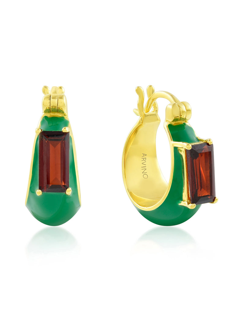 Green Enamel Garnet Huggies - Statement Earrings - Gold-Plated & Hypoallergenic Jewellery - Made in India - Dubai Jewellery - Dori