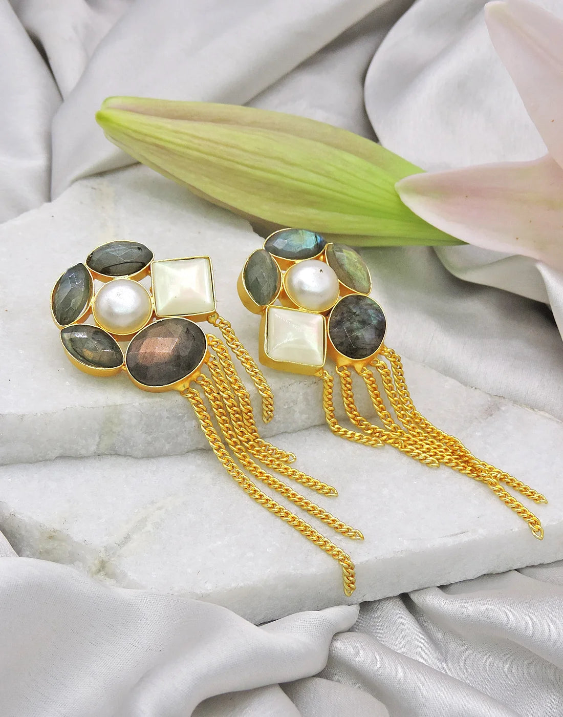 Labradorite & Pearl Chain Earrings- Handcrafted Jewellery from Dori