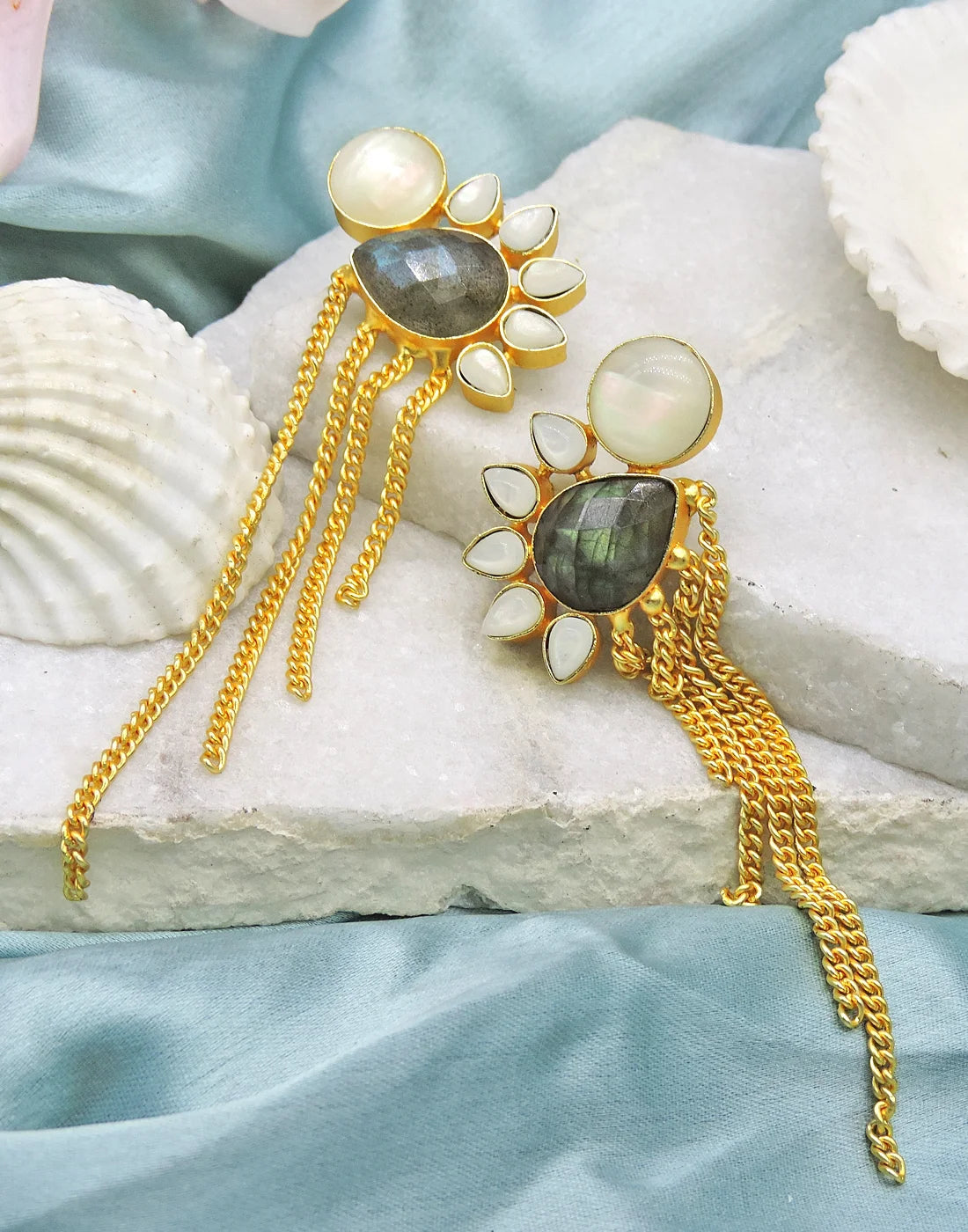 Labradorite & Pearl Chain Earrings- Handcrafted Jewellery from Dori