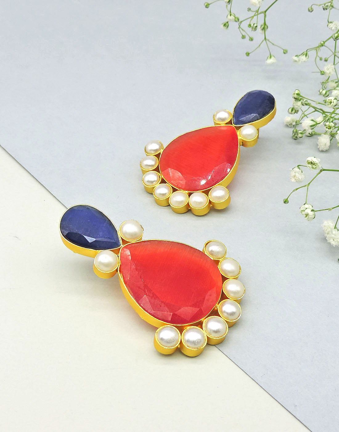 Twin Teardrop Earrings | Red & Grey - Statement Earrings - Gold-Plated & Hypoallergenic - Made in India - Dubai Jewellery - Dori