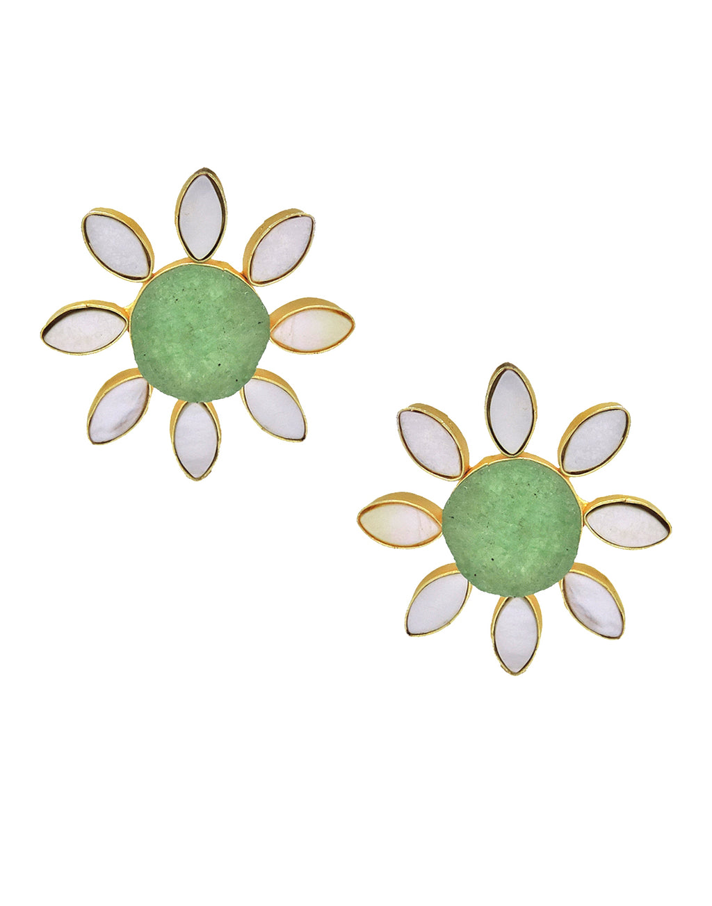 Lisa Flower Earrings (Green Fluorite) - Statement Earrings - Gold-Plated & Hypoallergenic - Made in India - Dubai Jewellery - Dori