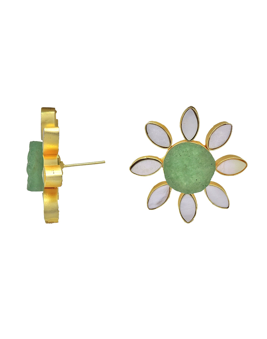 Lisa Flower Earrings (Green Fluorite) - Statement Earrings - Gold-Plated & Hypoallergenic - Made in India - Dubai Jewellery - Dori