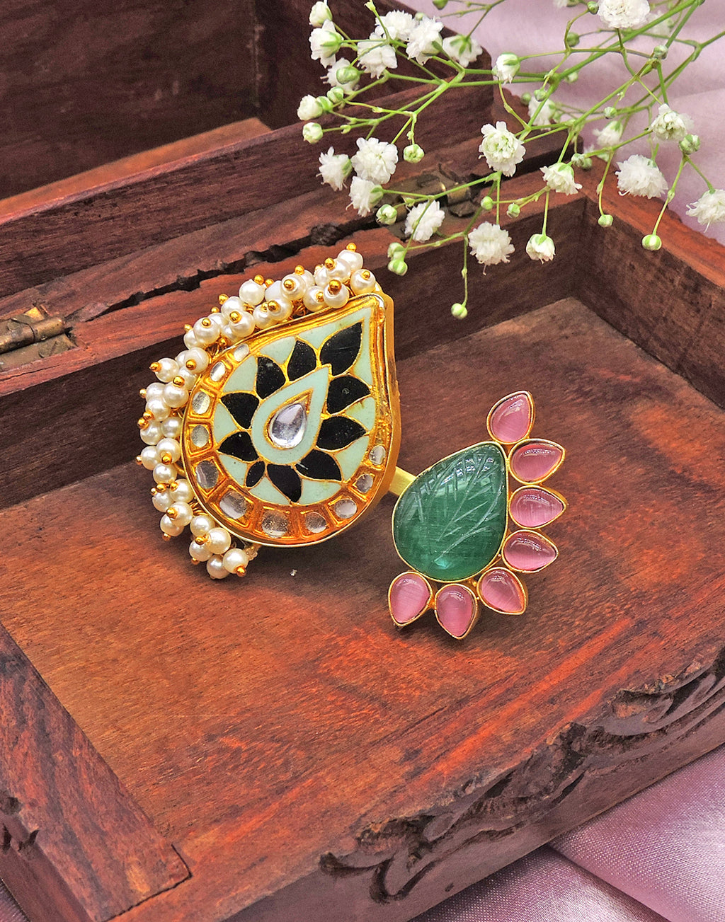 Half Flora Kundan Ring - Statement Rings - Gold-Plated & Hypoallergenic Jewellery - Made in India - Dubai Jewellery - Dori