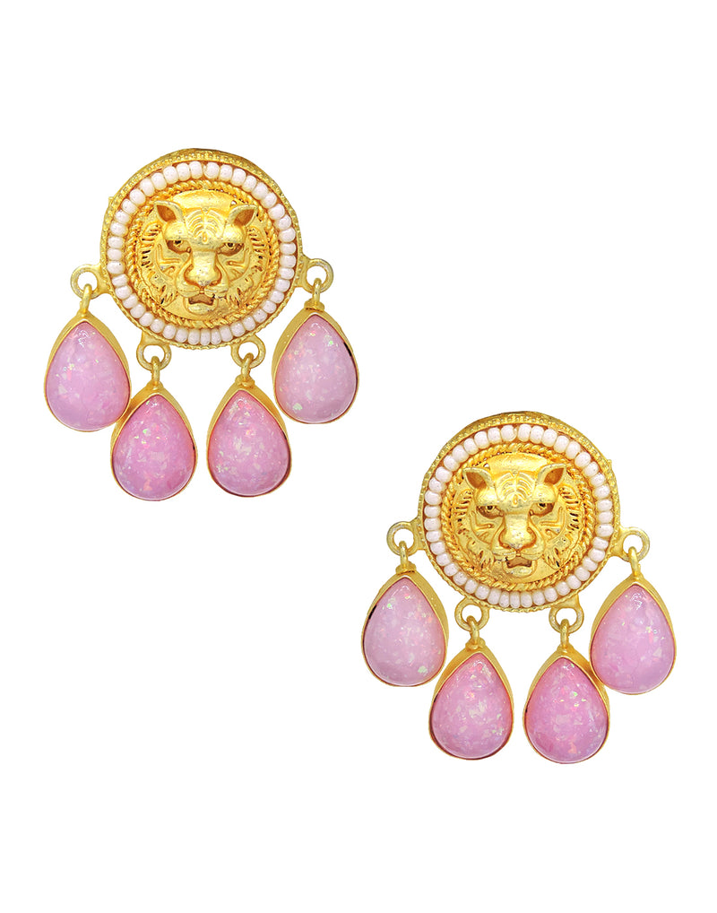 Gold Jaguar Earrings | Peach & Pink - Statement Earrings - Gold-Plated & Hypoallergenic - Made in India - Dubai Jewellery - Dori