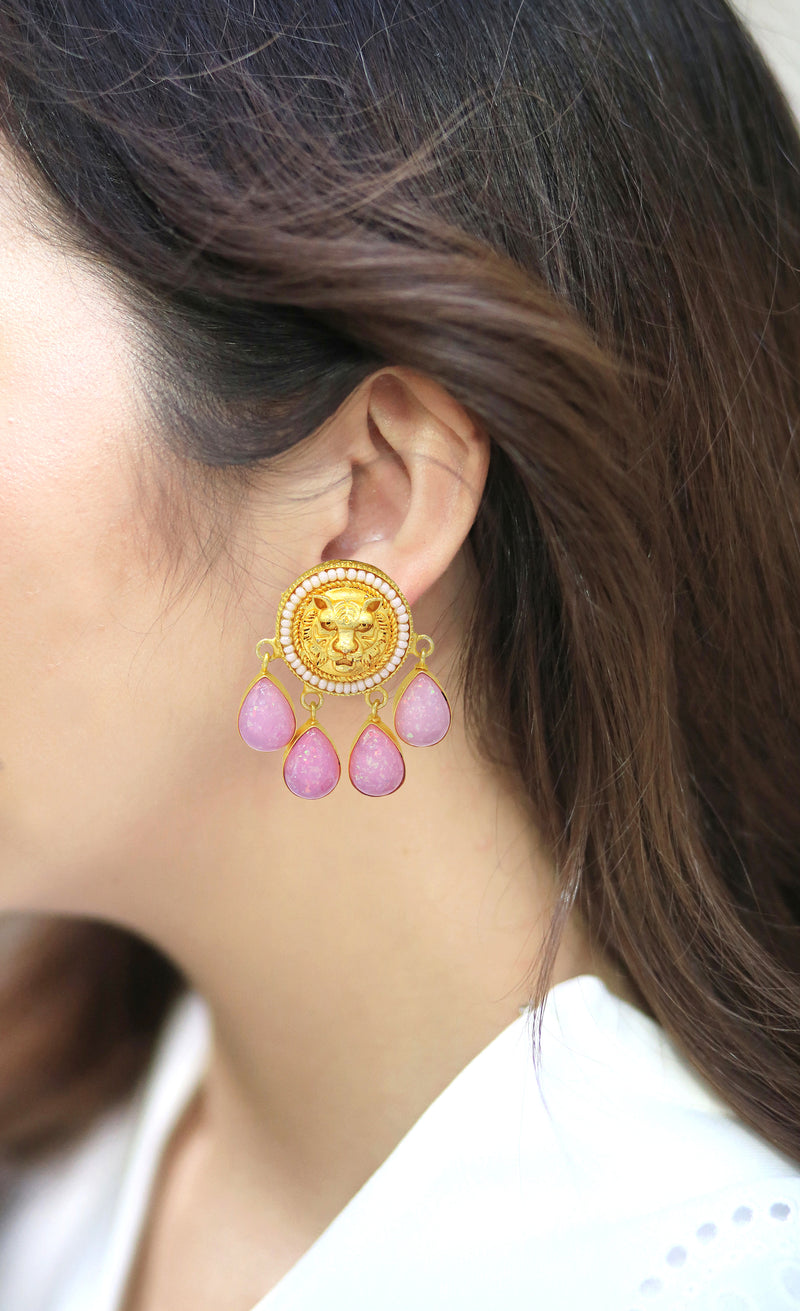 Gold Jaguar Earrings | Peach & Pink - Statement Earrings - Gold-Plated & Hypoallergenic - Made in India - Dubai Jewellery - Dori