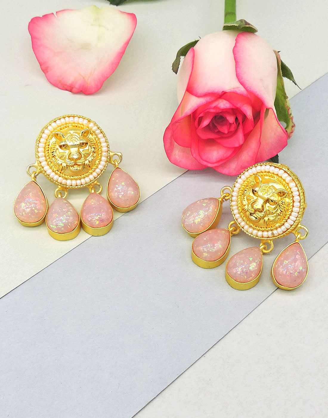 Gold Jaguar Earrings | Peach & Pink- Handcrafted Jewellery from Dori
