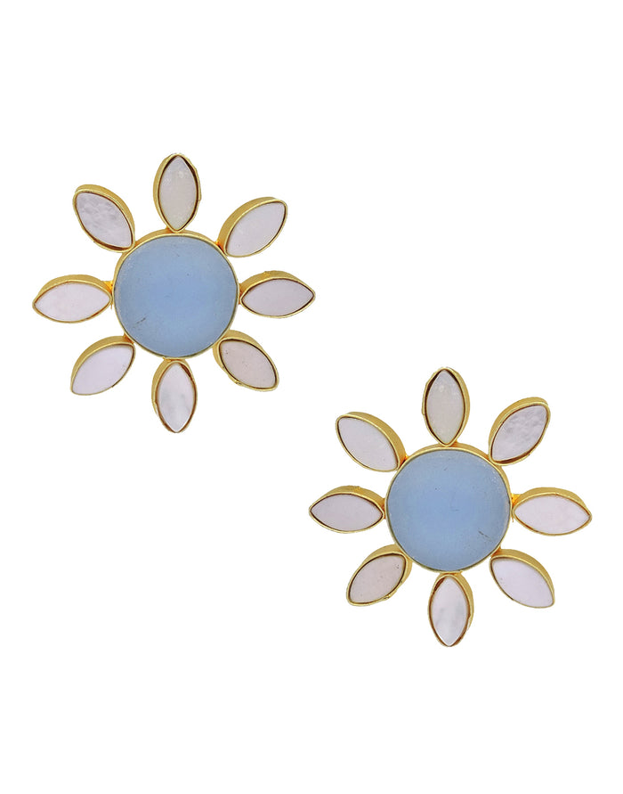 Lisa Flower Earrings (Blue Onyx) - Statement Earrings - Gold-Plated & Hypoallergenic - Made in India - Dubai Jewellery - Dori