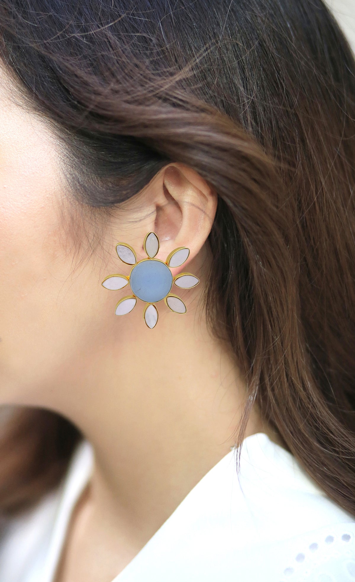 Lisa Flower Earrings (Blue Onyx) - Statement Earrings - Gold-Plated & Hypoallergenic - Made in India - Dubai Jewellery - Dori