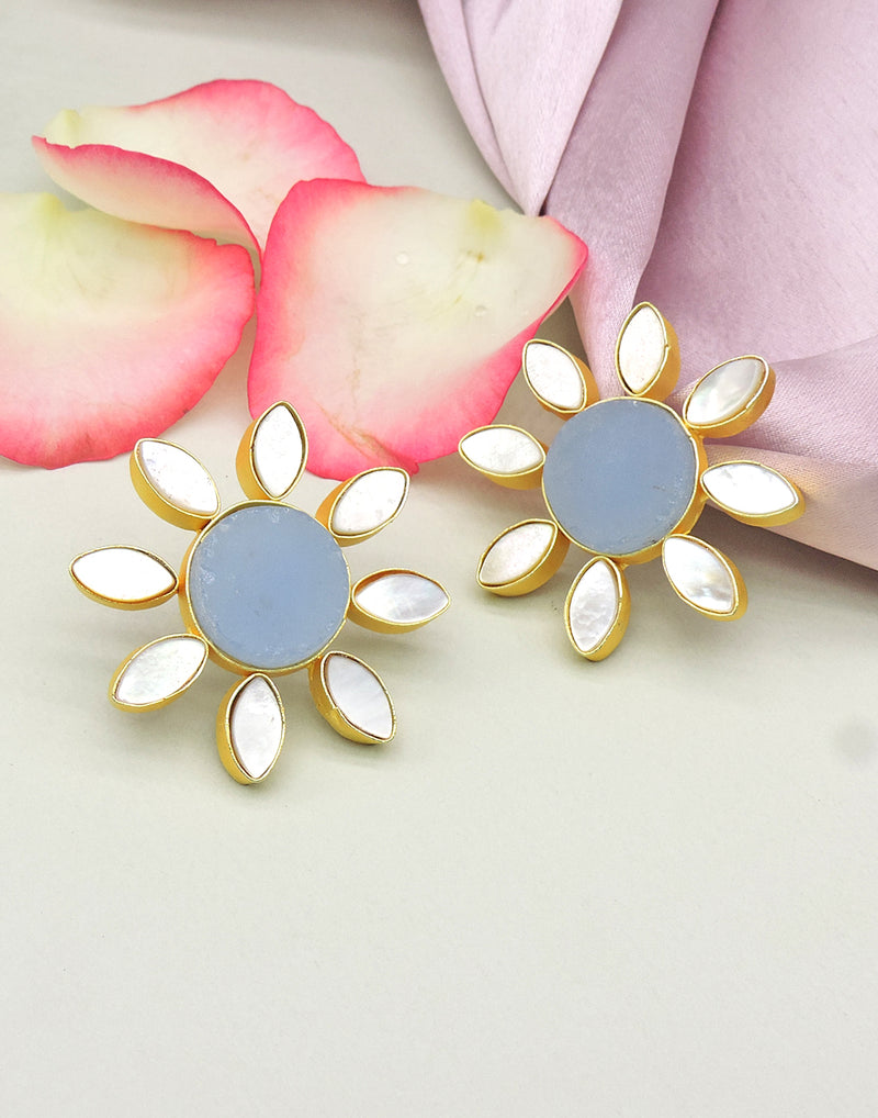 Lisa Flower Earrings (Blue Onyx) - Statement Earrings - Gold-Plated & Hypoallergenic - Made in India - Dubai Jewellery - Dori