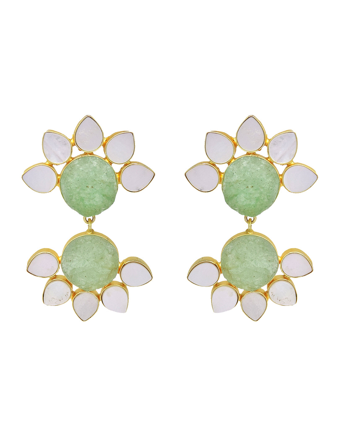 Twin Flora Earrings (Green Fluorite) - Statement Earrings - Gold-Plated & Hypoallergenic Jewellery - Made in India - Dubai Jewellery - Dori