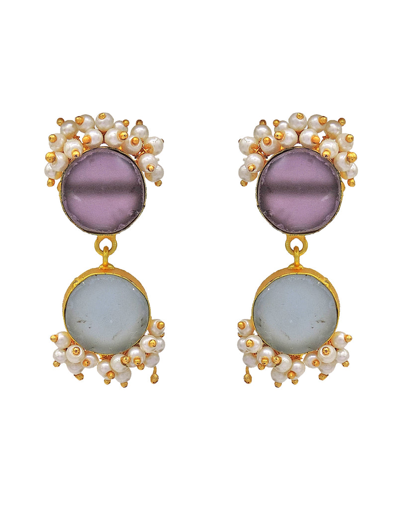 Twin Bloom Earrings (Amethyst & Blue Onyx) - Statement Earrings - Gold-Plated & Hypoallergenic - Made in India - Dubai Jewellery - Dori