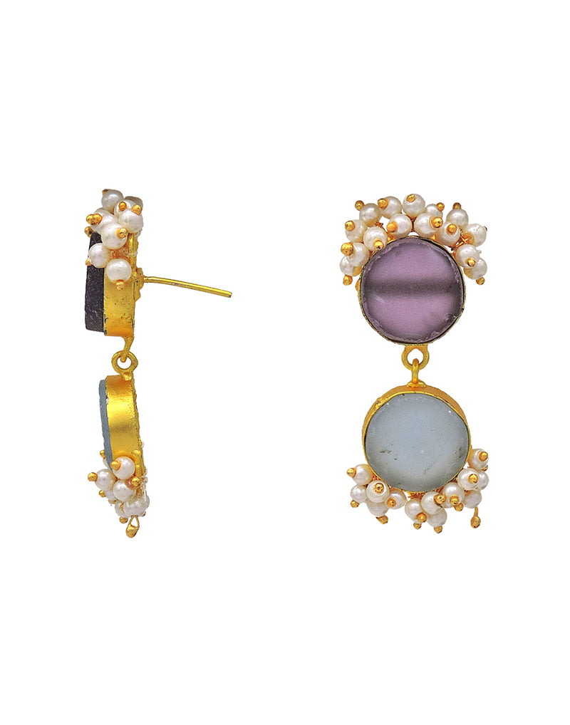 Twin Bloom Earrings (Amethyst & Blue Onyx) - Statement Earrings - Gold-Plated & Hypoallergenic - Made in India - Dubai Jewellery - Dori