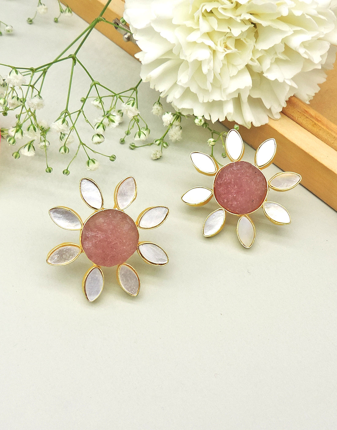 Lisa Flower Earrings (Quartz)- Statement Earrings - Gold-Plated & Hypoallergenic - Made in India - Dubai Jewellery - Dori