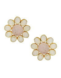 Round Flower Earrings (Rose Quartz) - Statement Earrings - Gold-Plated & Hypoallergenic - Made in India - Dubai Jewellery - Dori