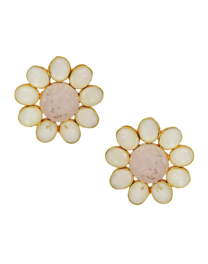 Round Flower Earrings (Rose Quartz) - Statement Earrings - Gold-Plated & Hypoallergenic - Made in India - Dubai Jewellery - Dori