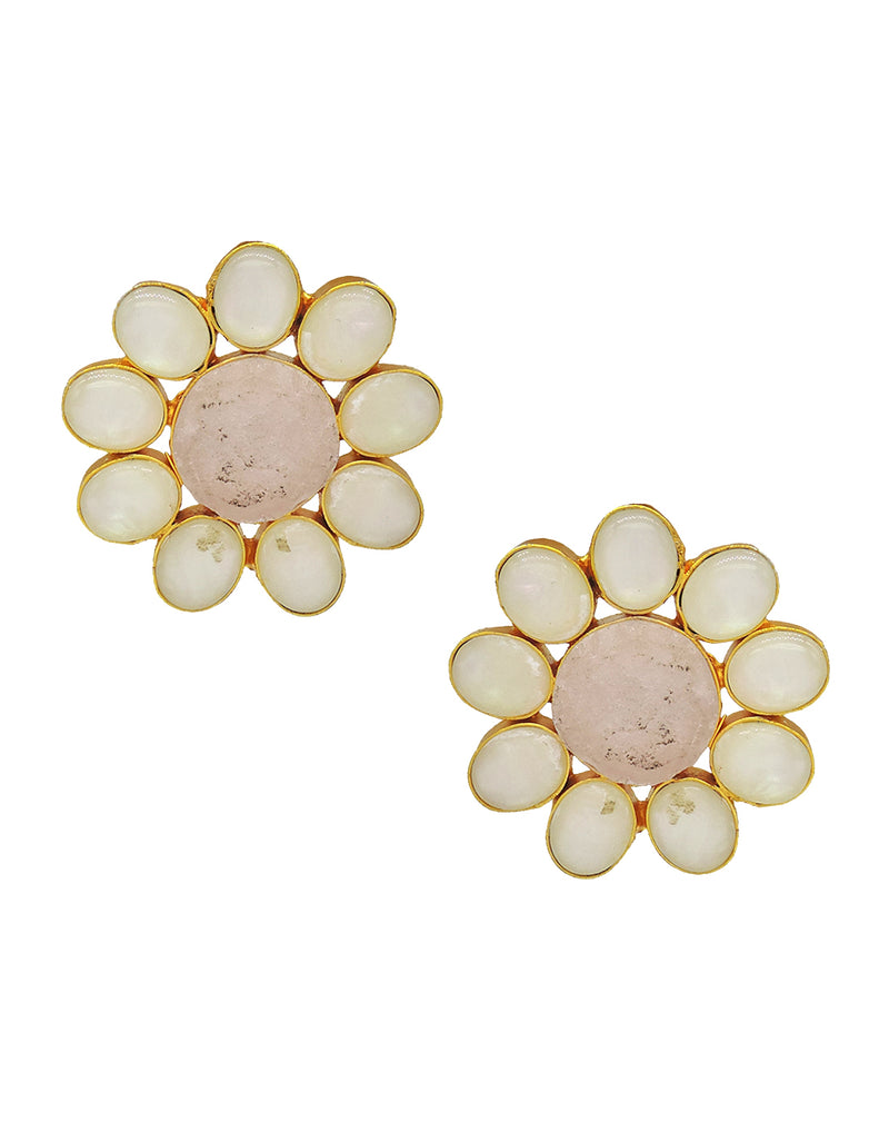 Round Flower Earrings (Rose Quartz) - Statement Earrings - Gold-Plated & Hypoallergenic - Made in India - Dubai Jewellery - Dori