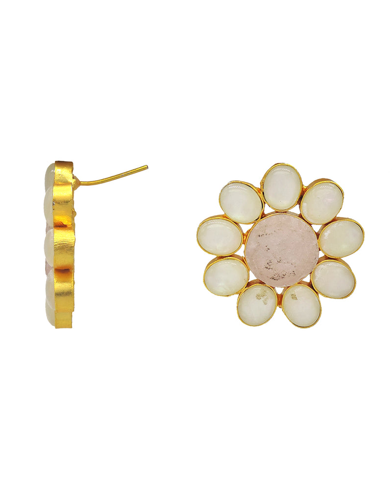 Round Flower Earrings (Rose Quartz) - Statement Earrings - Gold-Plated & Hypoallergenic - Made in India - Dubai Jewellery - Dori