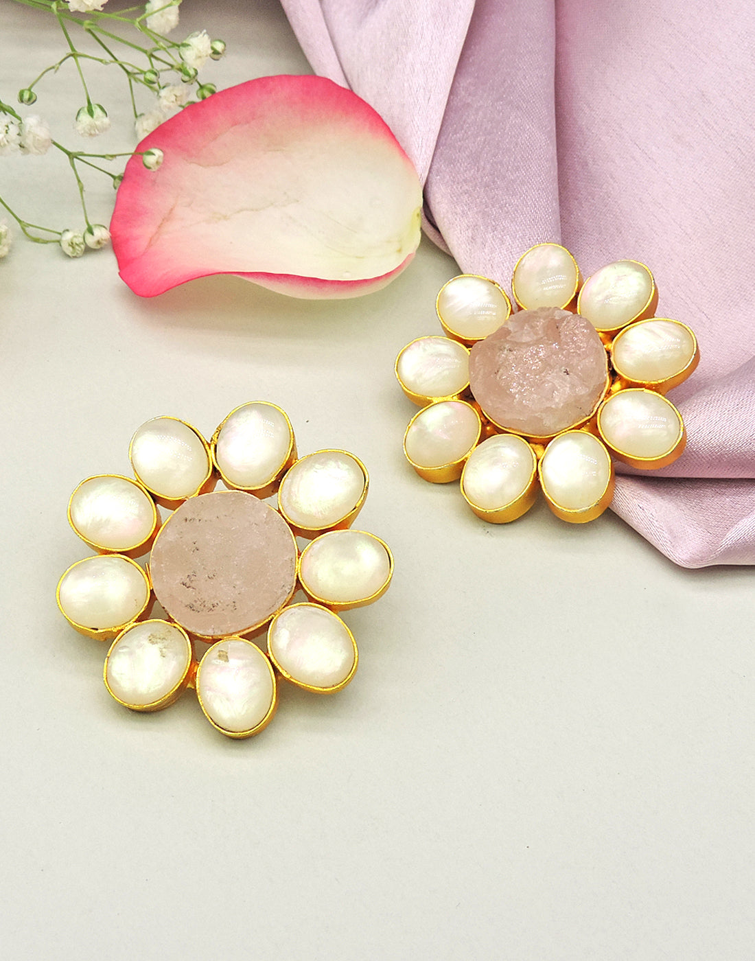 Round Flower Earrings (Rose Quartz) - Statement Earrings - Gold-Plated & Hypoallergenic - Made in India - Dubai Jewellery - Dori