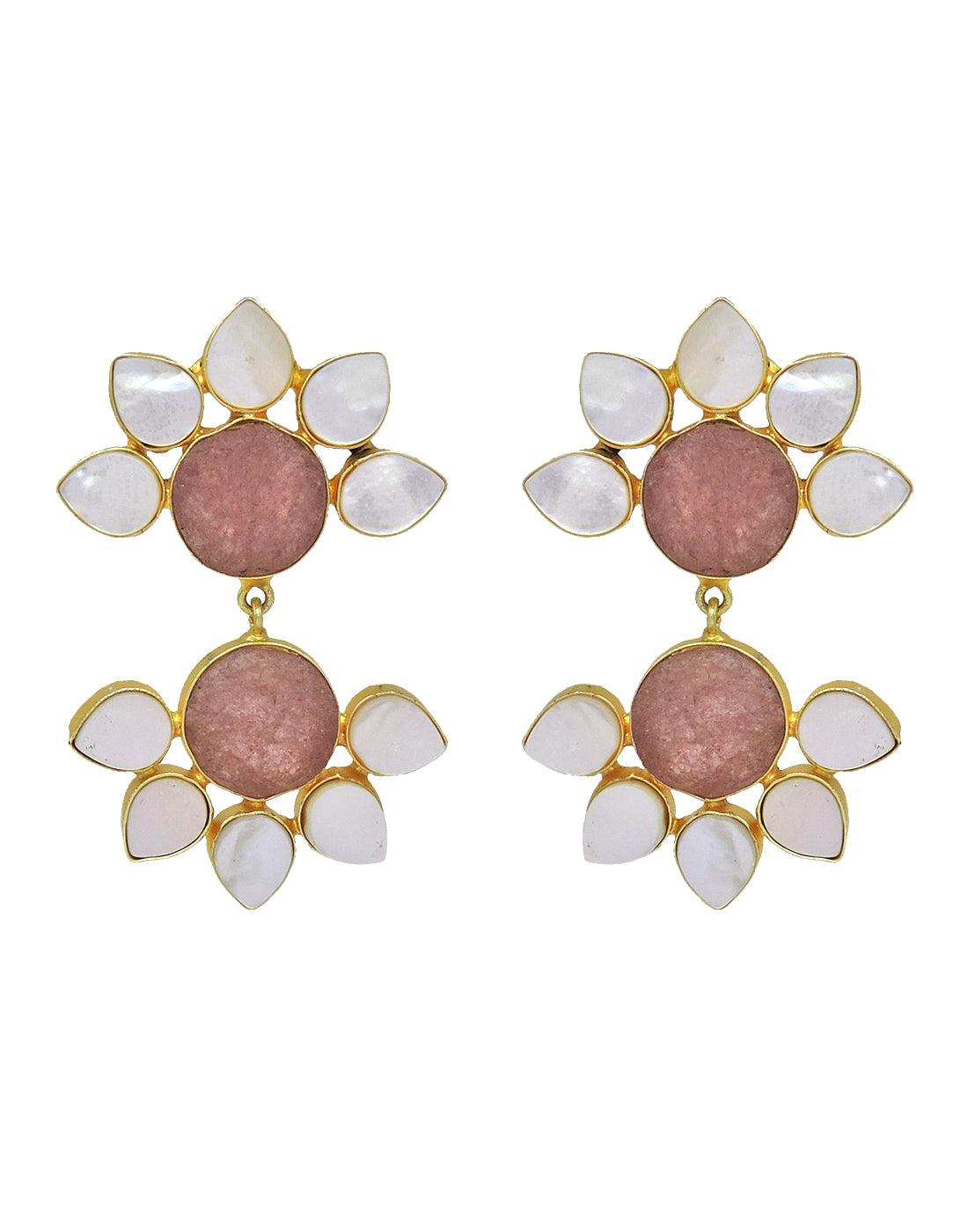 Twin Flora Earrings (Quartz) - Statement Earrings - Gold-Plated & Hypoallergenic Jewellery - Made in India - Dubai Jewellery - Dori