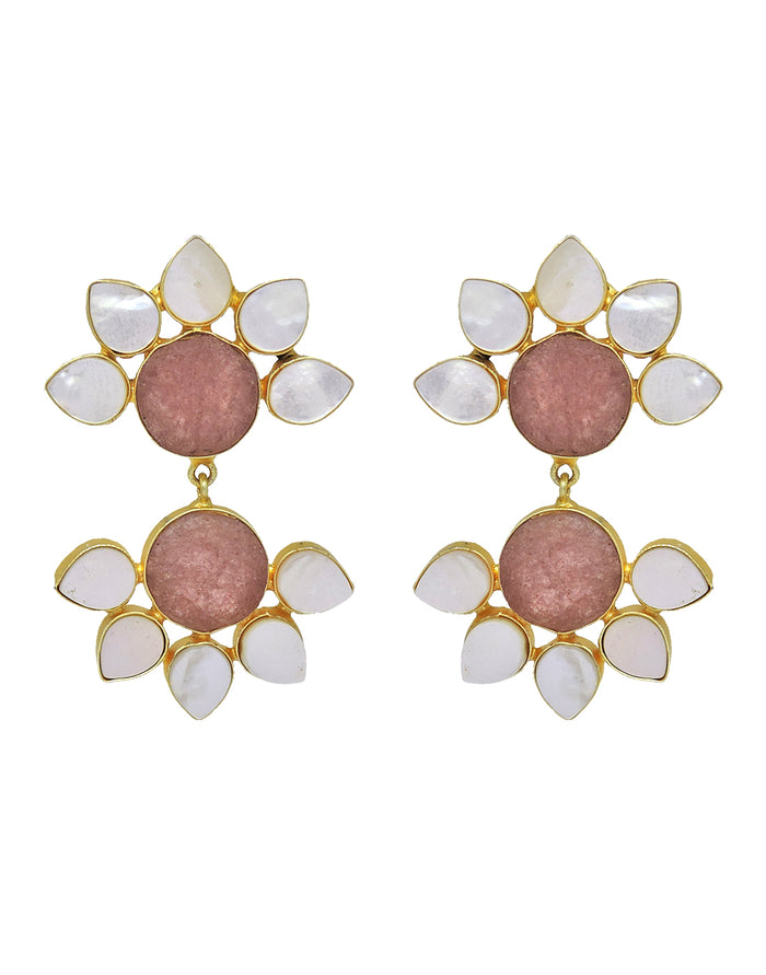 Twin Flora Earrings (Quartz) - Statement Earrings - Gold-Plated & Hypoallergenic Jewellery - Made in India - Dubai Jewellery - Dori