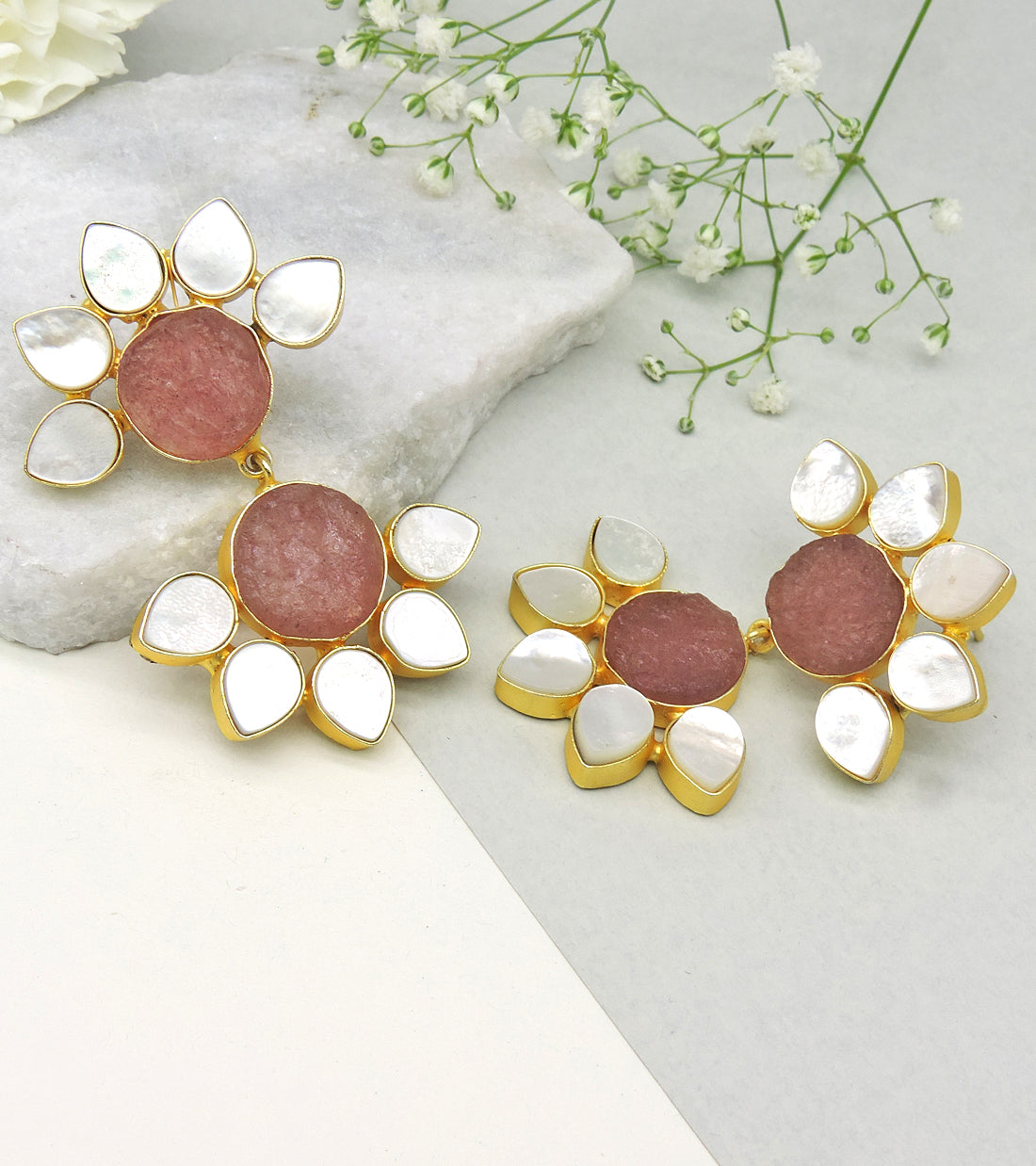 Twin Flora Earrings (Quartz) - Statement Earrings - Gold-Plated & Hypoallergenic Jewellery - Made in India - Dubai Jewellery - Dori