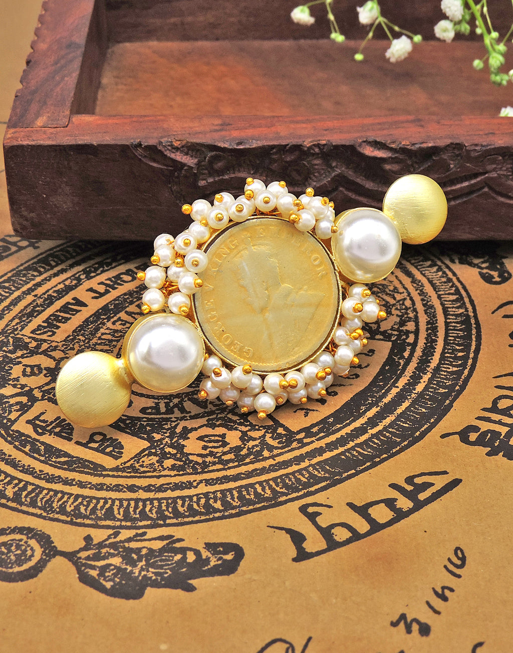Gold & Pearl Coin RIng - Statement Rings - Gold-Plated & Hypoallergenic Jewellery - Made in India - Dubai Jewellery - Dori