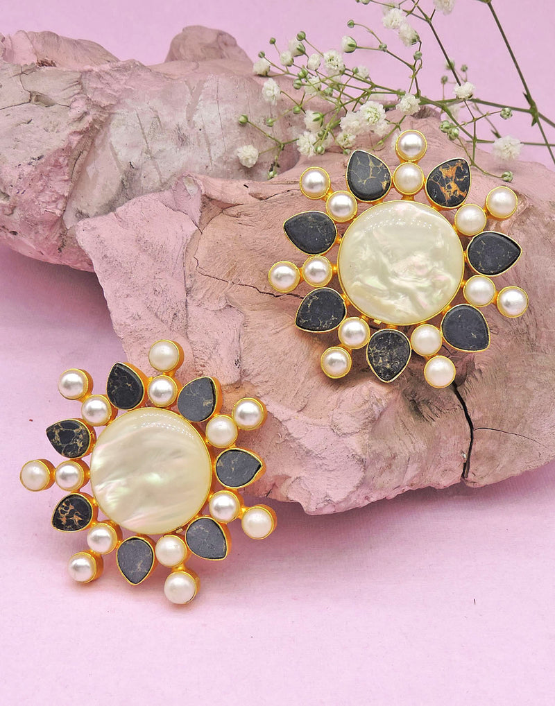 Contrast Flower Earrings - Statement Earrings - Gold-Plated & Hypoallergenic - Made in India - Dubai Jewellery - Dori