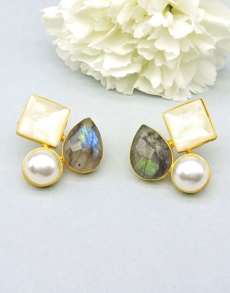 Labradorite Diamond Earrings - Statement Earrings - Gold-Plated & Hypoallergenic - Made in India - Dubai Jewellery - Dori