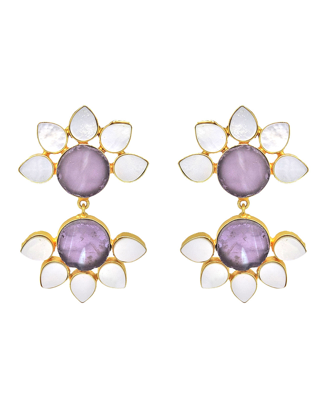 Twin Flora Earrings (Amethyst) - Statement Earrings - Gold-Plated & Hypoallergenic Jewellery - Made in India - Dubai Jewellery - Dori