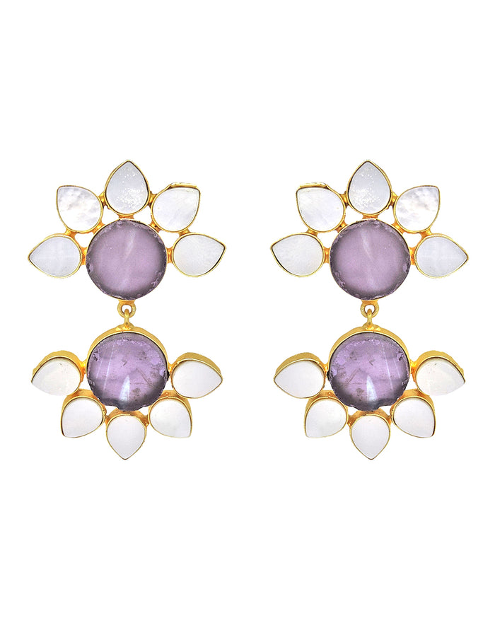 Twin Flora Earrings (Amethyst) - Statement Earrings - Gold-Plated & Hypoallergenic Jewellery - Made in India - Dubai Jewellery - Dori