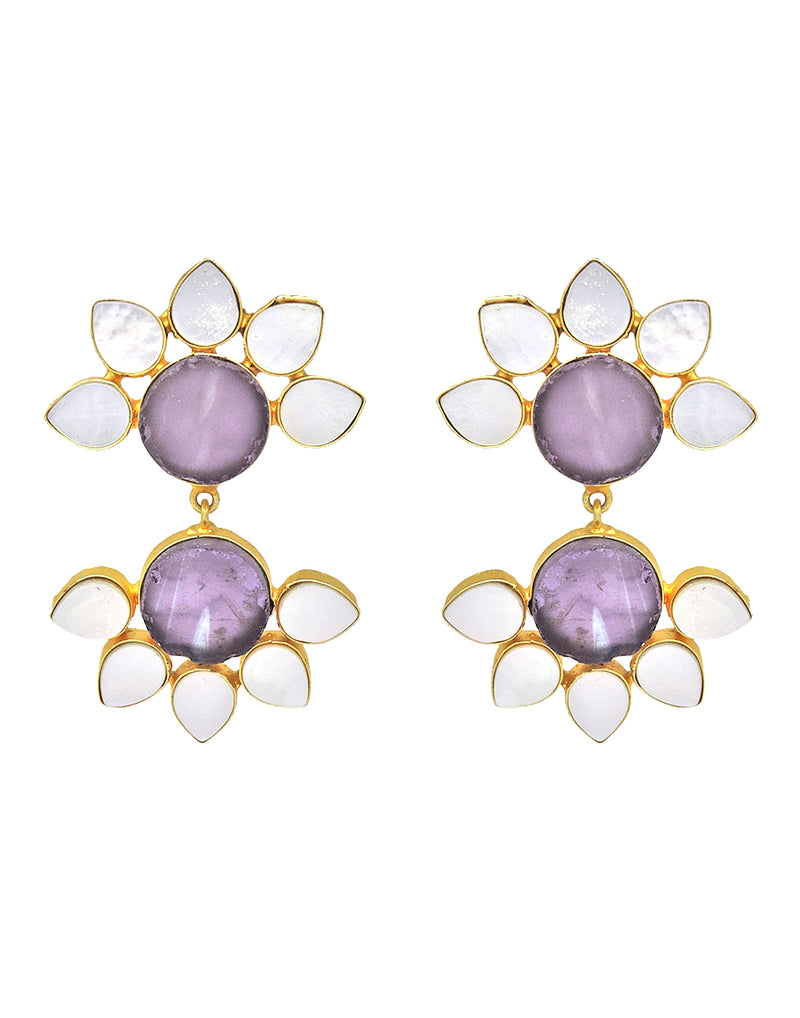 Twin Flora Earrings (Amethyst) - Statement Earrings - Gold-Plated & Hypoallergenic Jewellery - Made in India - Dubai Jewellery - Dori