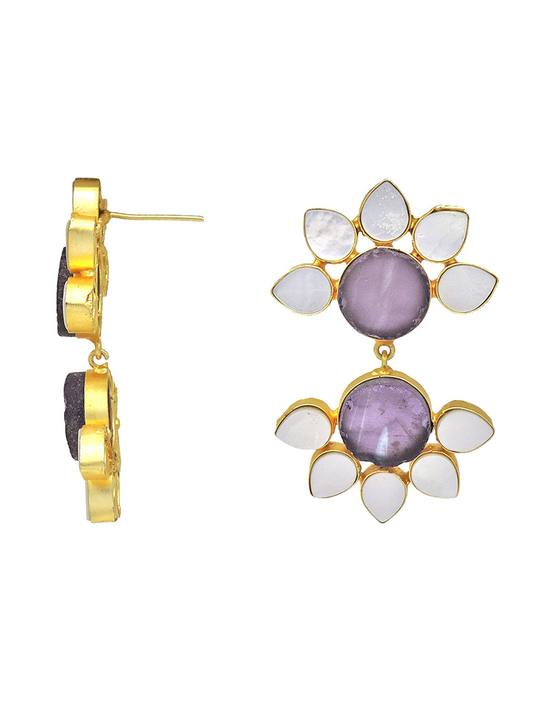Twin Flora Earrings (Amethyst) - Statement Earrings - Gold-Plated & Hypoallergenic Jewellery - Made in India - Dubai Jewellery - Dori