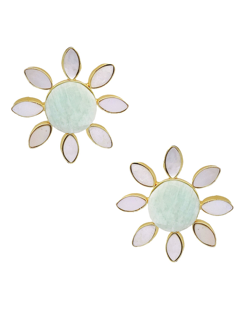 Lisa Flower Earrings (Amazonite) - Statement Earrings - Gold-Plated & Hypoallergenic - Made in India - Dubai Jewellery - Dori