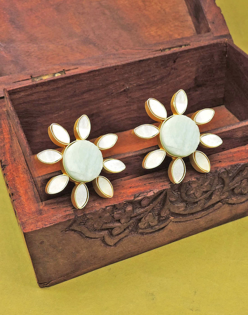 Lisa Flower Earrings (Amazonite) - Statement Earrings - Gold-Plated & Hypoallergenic - Made in India - Dubai Jewellery - Dori