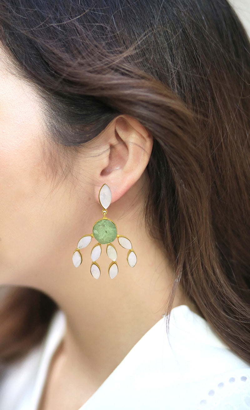 Curtain Earrings (Green Fluorite) - Statement Earrings - Gold-Plated & Hypoallergenic - Made in India - Dubai Jewellery - Dori