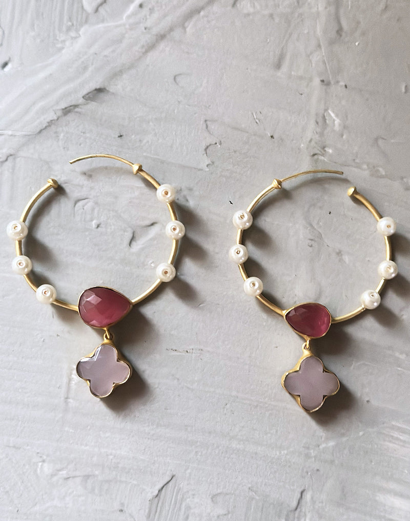 Pink Monalisa & Pearl Hoops - Statement Earrings - Gold-Plated & Hypoallergenic Jewellery - Made in India - Dubai Jewellery - Dori