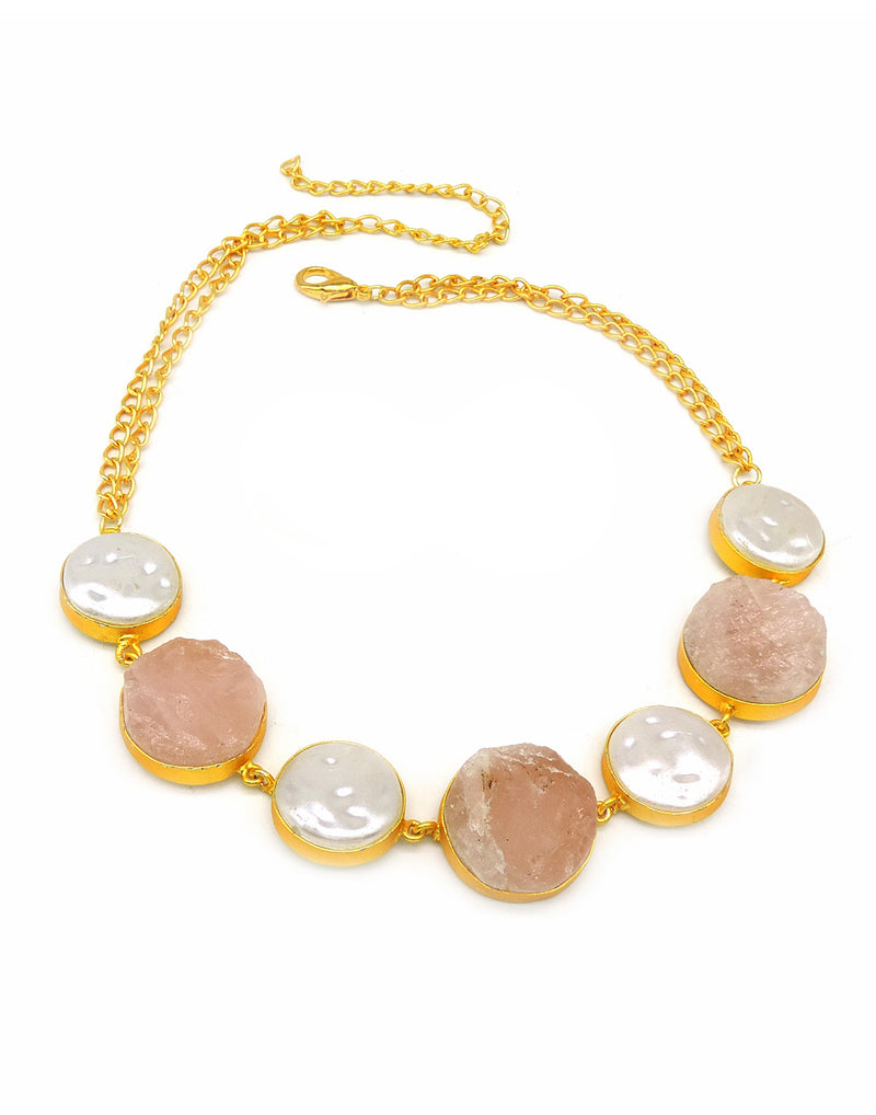 Rose Quartz & Baroque Pearl Necklace - Statement Necklaces - Gold-Plated & Hypoallergenic Jewellery - Made in India - Dubai Jewellery - Dori