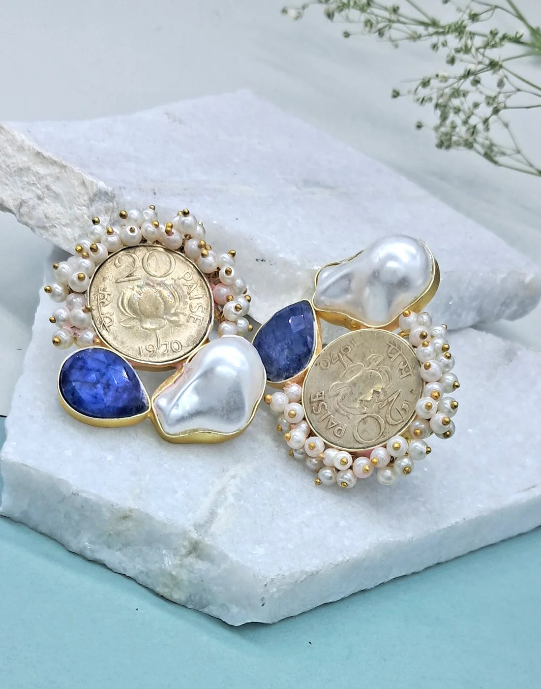Coin & Blue Quartz Earrings- Handcrafted Jewellery from Dori