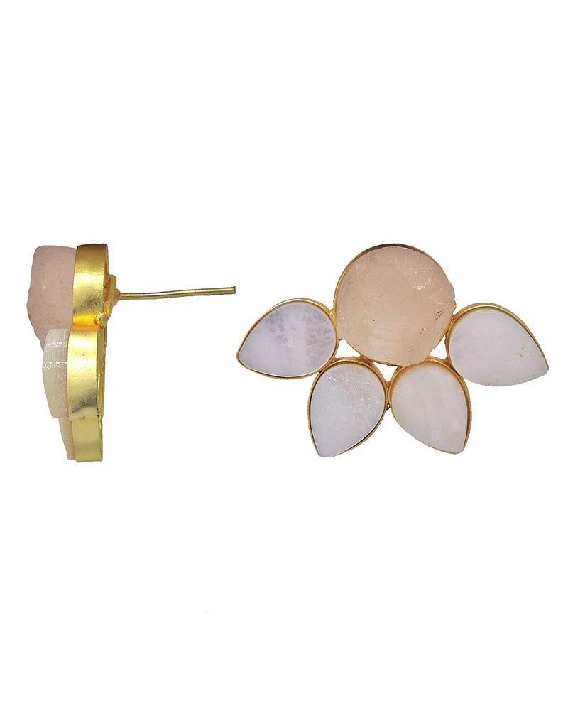 Half Flora Earrings (Rose Quartz) - Statement Earrings - Gold-Plated & Hypoallergenic Jewellery - Made in India - Dubai Jewellery - Dori