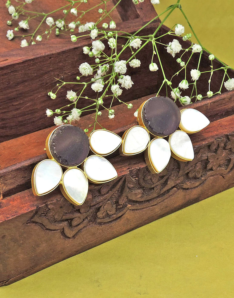 Half Flora Earrings (Amethyst) - Statement Earrings - Gold-Plated & Hypoallergenic Jewellery - Made in India - Dubai Jewellery - Dori