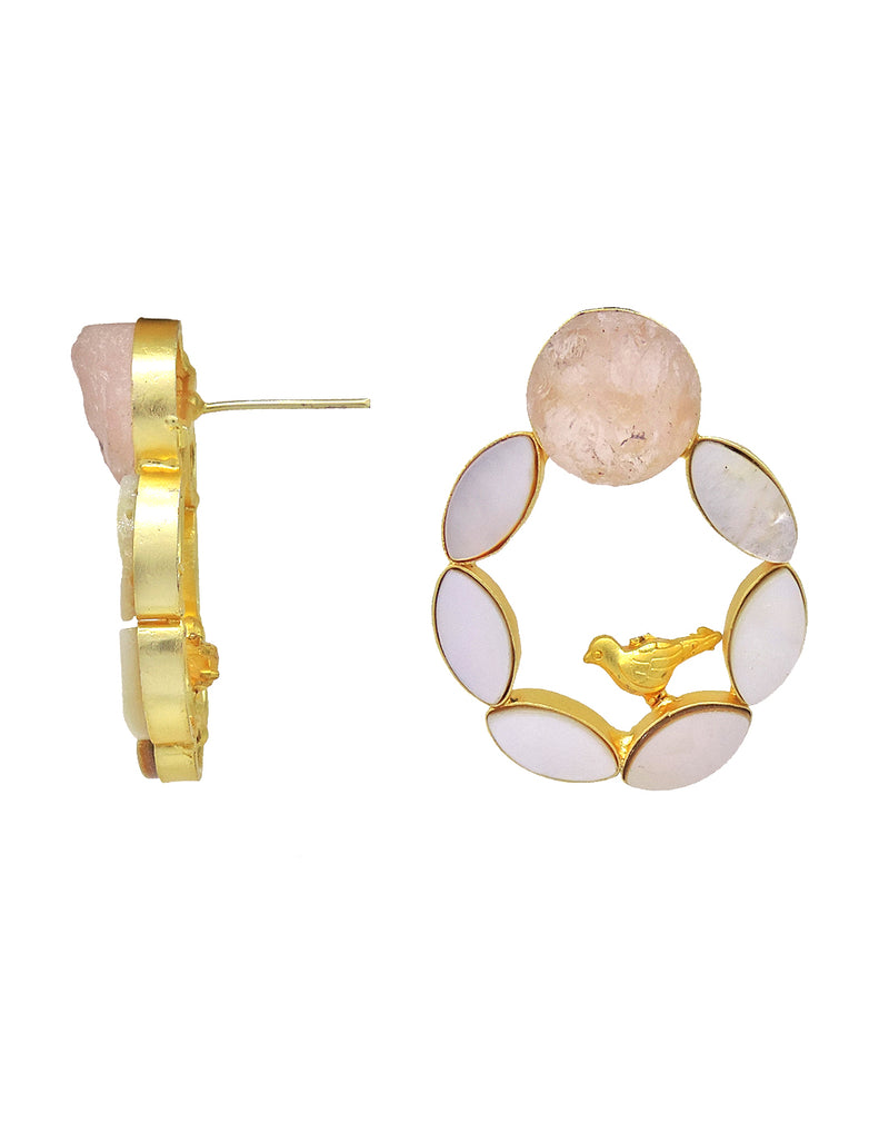 Pearl Cage Earrings (Rose Quartz) - Statement Earrings - Gold-Plated & Hypoallergenic - Made in India - Dubai Jewellery - Dori