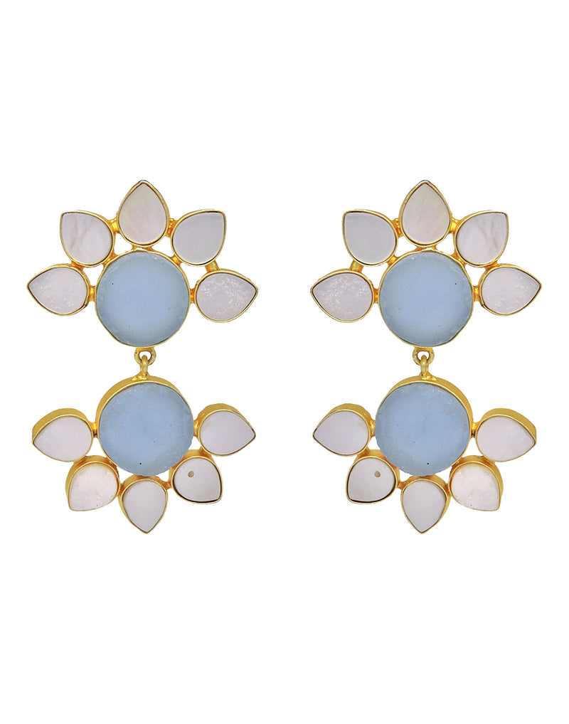 Twin Flora Earrings (Blue Onyx) - Statement Earrings - Gold-Plated & Hypoallergenic Jewellery - Made in India - Dubai Jewellery - Dori