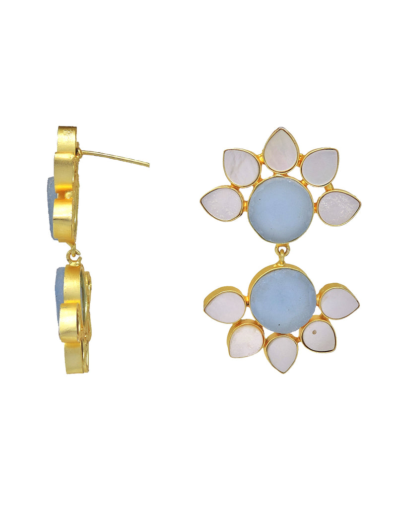 Twin Flora Earrings (Blue Onyx) - Statement Earrings - Gold-Plated & Hypoallergenic Jewellery - Made in India - Dubai Jewellery - Dori