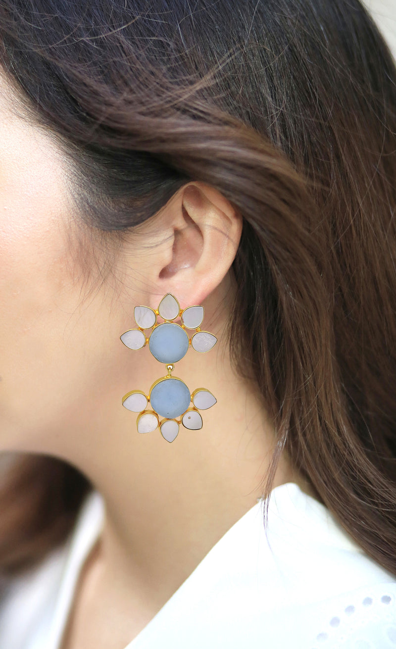 Twin Flora Earrings (Blue Onyx) - Statement Earrings - Gold-Plated & Hypoallergenic Jewellery - Made in India - Dubai Jewellery - Dori