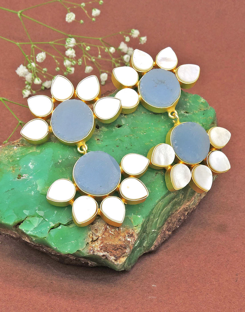 Twin Flora Earrings (Blue Onyx) - Statement Earrings - Gold-Plated & Hypoallergenic Jewellery - Made in India - Dubai Jewellery - Dori