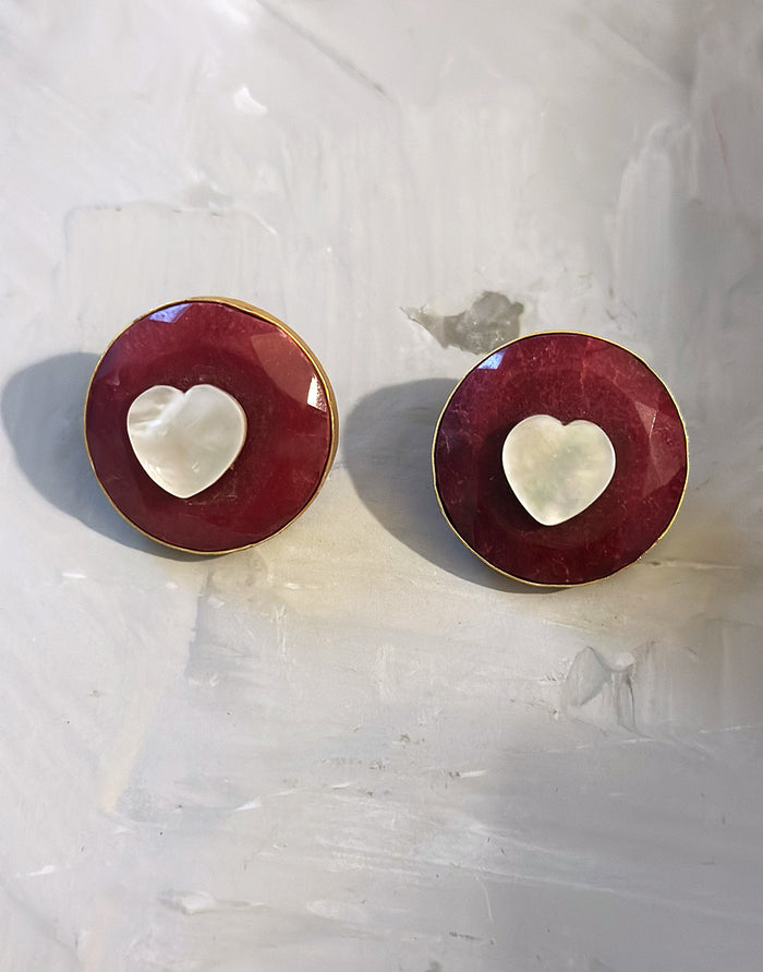 Red & White Heart Studs - Statement Earrings - Gold-Plated & Hypoallergenic Jewellery - Made in India - Dubai Jewellery - Dori