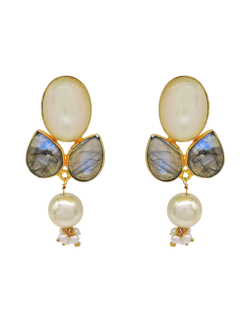 Labradorite & Shell Earrings - Statement Earrings - Gold-Plated & Hypoallergenic Jewellery - Made in India - Dubai Jewellery - Dori